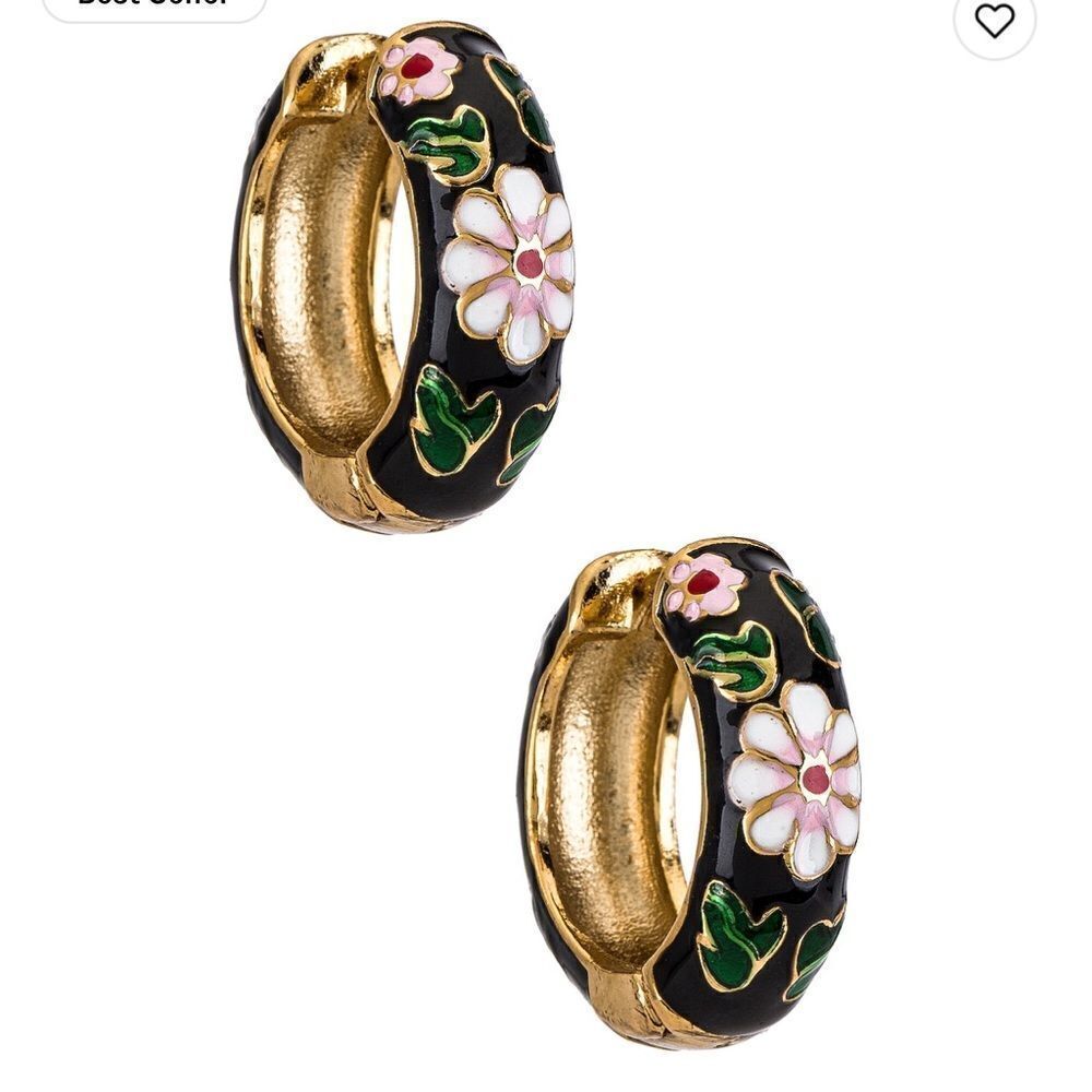 REVOLVE Black Enamel Floral Hoop Earrings with Gold Accents